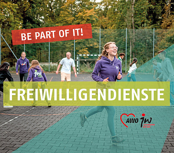 Freiwilligendienste Flyer rennende junge Frau mit Textfeld Logos Jgendwerk AWO Karlsruhe
